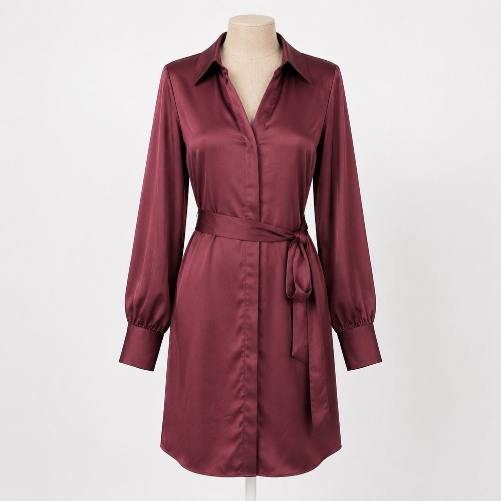Satin Long Sleeve Shirt Dress Sz 10 Burgundy Button Tie Waist Minimalist Preppy